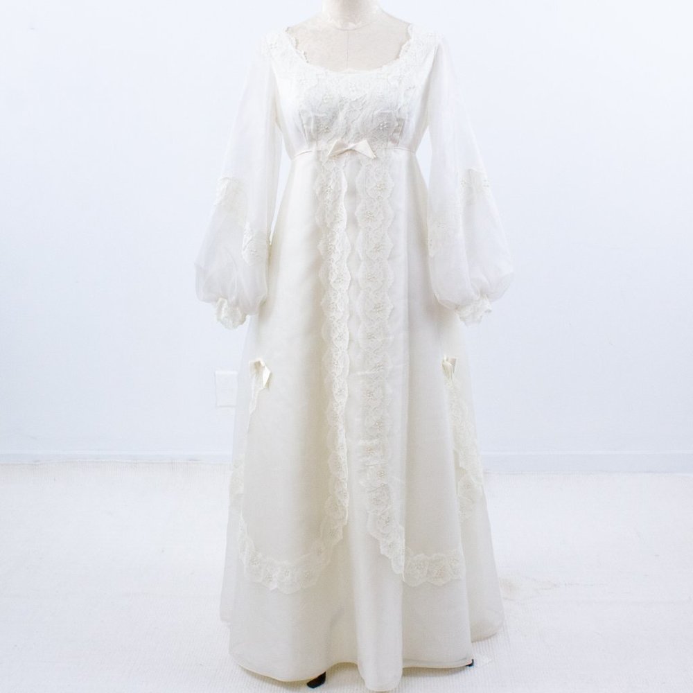 Wedding Dress Vintage 70s 6 Boho Long Sleeve Full Princess Bridal Gown Ivory - Picture 3 of 14